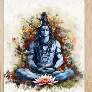 Lord Shiva Art Print, Floral Lotus Meditation Decor image 3
