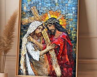 May include: Mosaic artwork depicting two figures, one in red and one in white, carrying a wooden cross. The figures are surrounded by a blue and green mosaic background.
