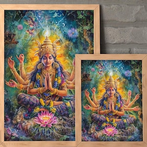 Goddess Durga Art Hindu Wall Decor Devotion Altar Poster Yoga Prayer Lotus Spiritual Gift Divine Shakti Religious Painting Mahadevi Art RHD6