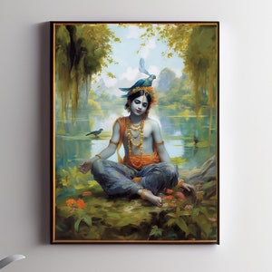 Printable art Krishna painting young Lord Krishna sitting by the water hindu gift indian wall art Digital Download image 6