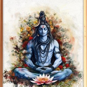 May include: A watercolor painting of Shiva, a Hindu deity, meditating in a lotus position surrounded by flowers. He is blue-skinned with a third eye and a crescent moon on his forehead. He wears a garland of beads and a snake around his neck.