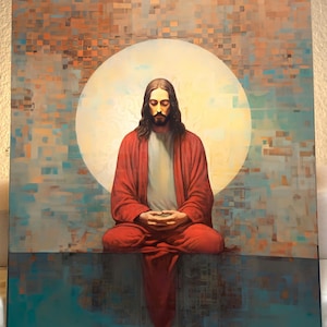 Jesus art print prayer art Jesus meditation contemplation yoga peaceful red blue moon brown halo spiritual art print framed RCJ12 Poster