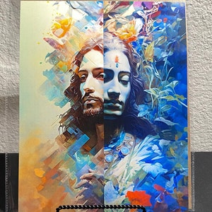 May include: A digital painting of two people, a man and a woman, with their faces merged together. The man's side of the painting is in warm colors, while the woman's side is in cool colors. The painting is surrounded by abstract shapes and patterns.