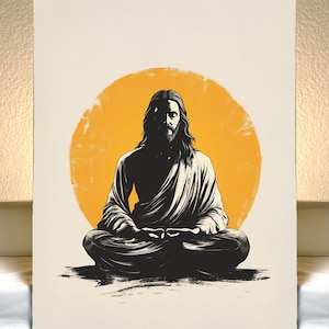Minimalistischer Vintage Jesus Meditierender Kunstdruck Vektor Illustration Lotus Position Mutiger Kontrast Spirituelle & Gelassene Wanddekoration RCJ76 Poster