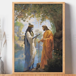 Może przedstawiać: Malowidło przedstawiające mężczyznę o niebieskiej skórze z piórem we włosach i długą białą szatą, stojącego obok mężczyzny z długą brodą i brązową szatą. Mężczyźni stoją w leśnym otoczeniu z rzeką w tle.