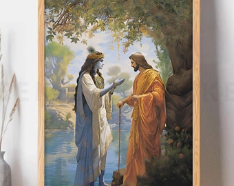 Impresión de pintura de Jesús Krishna, impresión artística de Krishna se encuentra con Jesús, arte de pared espiritual, armonía religiosa cristiana hindú RJK2 Póster