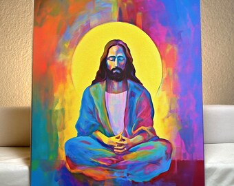 May include: A painting of Jesus in a meditative pose, with a yellow halo behind him. The background is a vibrant mix of colors, including red, orange, yellow, green, blue, and purple.