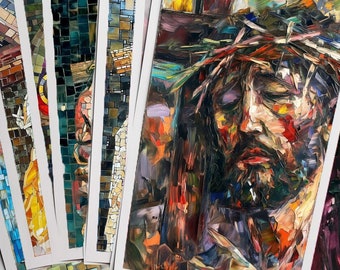 May include: A set of 10 framed prints featuring colorful mosaic artwork. The artwork depicts a religious scene with a man wearing a crown of thorns. The prints are all the same size and have a white border.