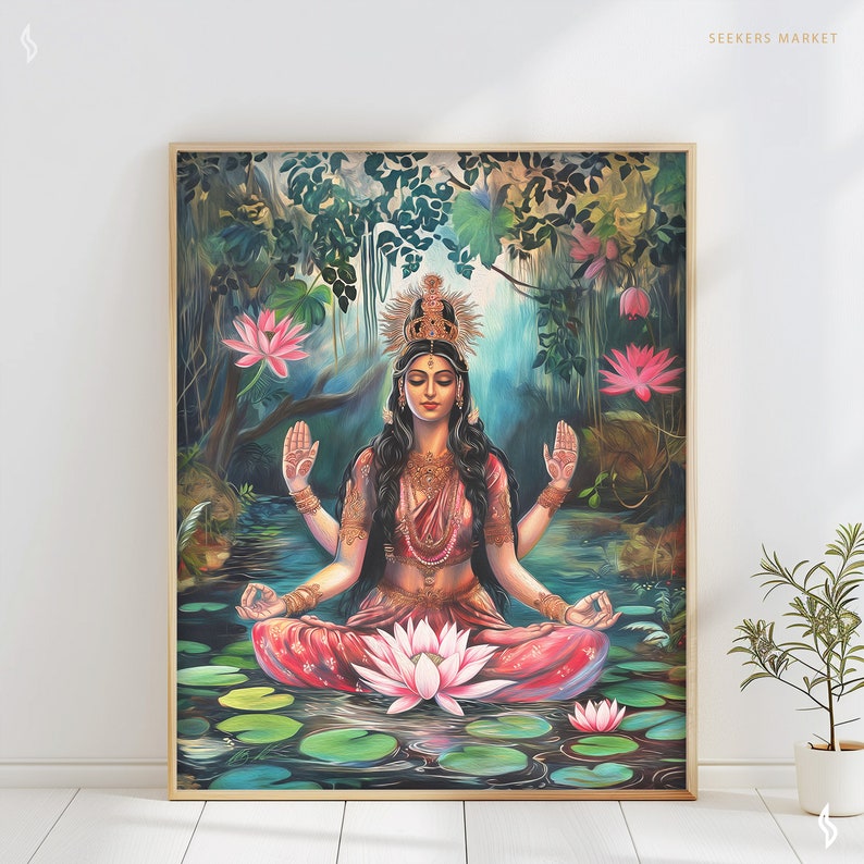 May include: A painting of a Hindu goddess sitting in a lotus position in a pond surrounded by lily pads. She has four arms, a crown, and is wearing a red and gold sari. The background is a lush green forest.