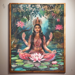 May include: A painting of a Hindu goddess with four arms sitting in a lotus position on a bed of lotus flowers. She is wearing a red and gold sari and has a crown on her head. The background is a lush green forest.