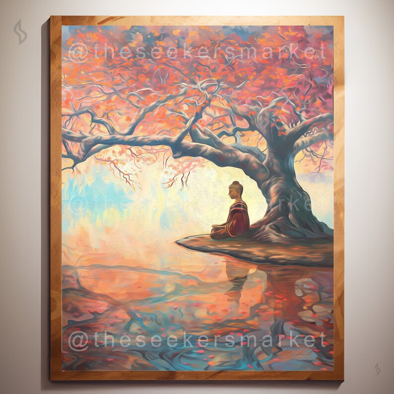 May include: A painting depicting a meditating Buddha figure seated beneath a large tree with pink blossoms. The tree is reflected in the water below. The painting has a soft, dreamy feel.