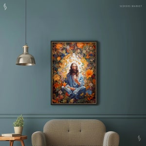 a living room with a couch and a painting on the wall