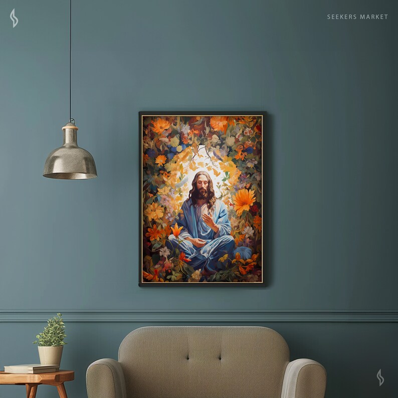 a living room with a couch and a painting on the wall