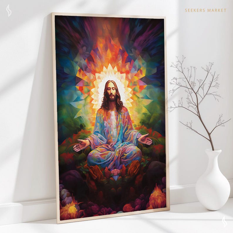 a painting of jesus sitting in the middle of a field of flowers