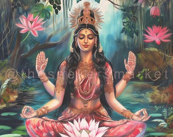 Lámina artística del jardín de lotos de Lakshmi, meditación de la diosa hindú (descarga digital)