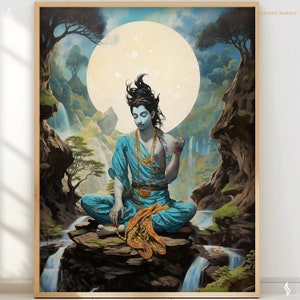 Krishna art print Hindu art Indian gift Young Lord Krishna meditating Zion Indian art Krisna Moon hindu painting wall art RHK2 poster