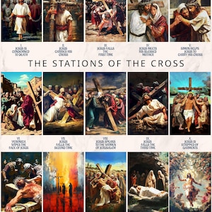 May include: A colorful illustration depicting the Stations of the Cross, a series of 14 events in the Christian faith that commemorate the final hours of Jesus Christ's life. Each scene is depicted in a separate panel, with vibrant colors and detailed imagery.