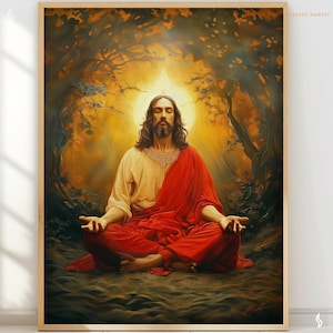 Regalo de meditación en el bosque de Jesucristo, regalo de decoración de yoga, ilustración digital de meditación india cristiana rcj37 Descarga digital
