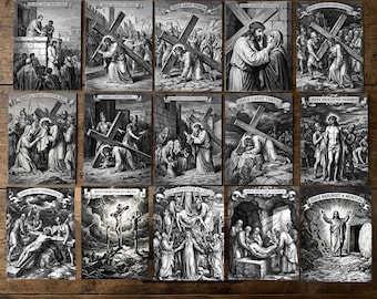 Stations of the Cross Art Prints, Lenten Catholic Wall Decor, Via Crucis (15-Piece Set)