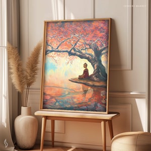 May include: A painting depicting a person meditating beneath a large tree with pink blossoms. The person is seated on a rock with their legs crossed and hands resting in their lap. The background features a hazy blue and pink sky with a reflection of the tree in the water.