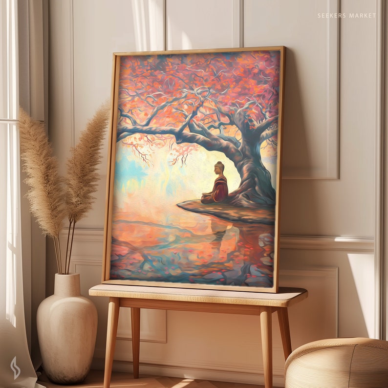 May include: A painting depicting a person meditating beneath a large tree with pink blossoms. The person is seated on a rock with their legs crossed and hands resting in their lap. The background features a hazy blue and pink sky with a reflection of the tree in the water.