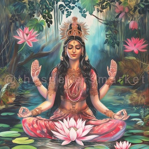 May include: A painting of a Hindu goddess sitting in a lotus position in a pond. She is surrounded by lotus flowers and green lily pads. She has four arms and is wearing a red and gold sari. She has a crown on her head and a serene expression on her face.