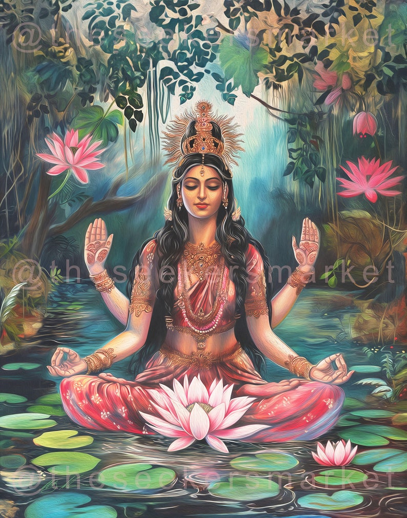 May include: A painting of a Hindu goddess sitting in a lotus position in a pond. She is surrounded by lotus flowers and green lily pads. She has four arms and is wearing a red and gold sari. She has a crown on her head and a serene expression on her face.
