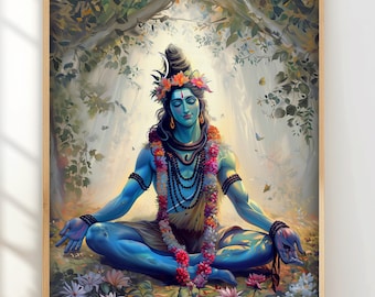 Könnte beinhalten: Ein Gemälde, das die hinduistische Gottheit Shiva in einem Wald zeigt, während er meditiert. Er ist mit blauer Haut, einem dritten Auge und einer Schlange um den Hals dargestellt. Er ist umgeben von üppigem Grün und Blumen.