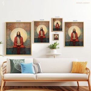 a living room with a couch and paintings on the wall