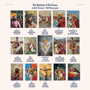May include: A mosaic art print titled "The Stations of The Cross" in 11x17 inches. The artwork depicts 14 scenes from the Passion of Christ, each with a title. The color palette includes earth tones and vibrant hues, showcasing detailed mosaic work.