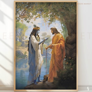 Lord Krishna meets Jesus Christ Art Print religious decor spiritual wall art gift hindu christian new age esoteric unity RJK2 Poster