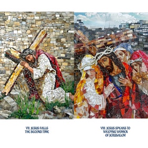 Puede incluir: Una obra de arte en mosaico que representa dos escenas de la Pasi&oacute;n de Cristo. El lado izquierdo muestra a Jes&uacute;s cayendo bajo el peso de la cruz, mientras que el lado derecho muestra a Jes&uacute;s hablando con mujeres que lloran. Ambas escenas est&aacute;n representadas en un estilo de mosaico colorido.