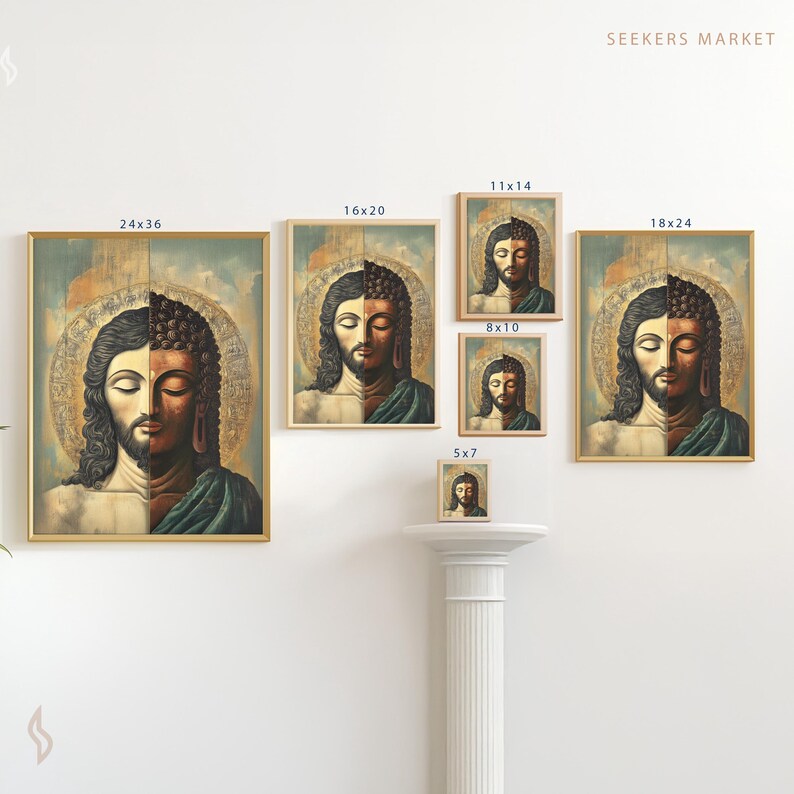 May include: Artwork featuring a split portrait of a spiritual figure, half Buddha and half Jesus, with a golden halo. The artwork is displayed in various sizes, including 24x36 inches, 16x20 inches, 18x24 inches, 11x14 inches, 8x10 inches, and 5x7 inches.