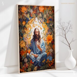a painting of jesus surrounded by autumn leaves