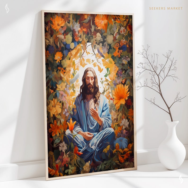 a painting of jesus surrounded by autumn leaves