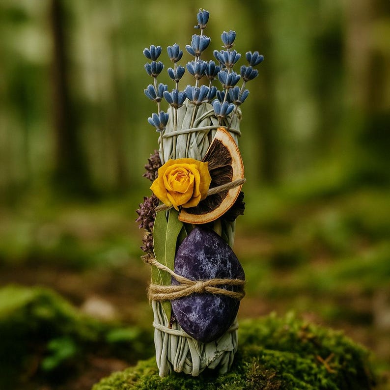May include: A sage smudge stick bundle featuring dried lavender, a yellow rose, a slice of dried orange, and a purple amethyst crystal. The bundle is tied with twine and wrapped in sage leaves, perfect for spiritual practices.