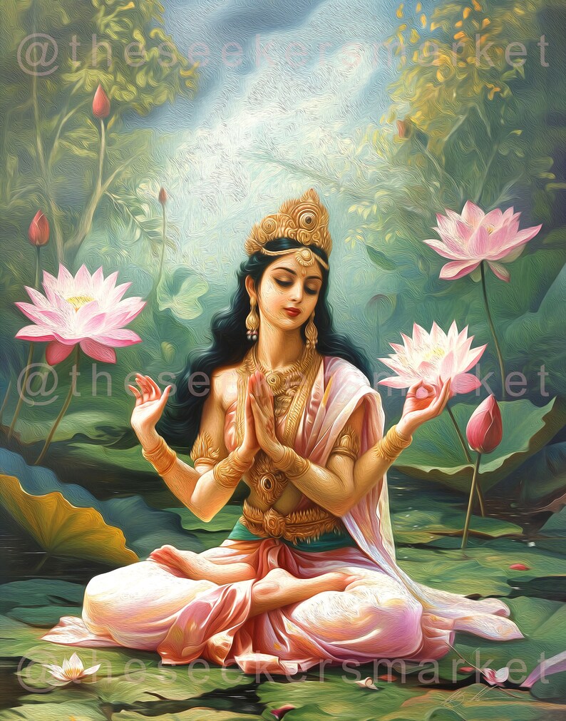 Puede incluir: Una mujer con el pelo largo y negro se sienta en posici&oacute;n de loto, meditando en un estanque rodeado de flores de loto. Lleva un sari rosa y blanco y una corona dorada. La imagen est&aacute; pintada en un estilo realista con colores vibrantes.