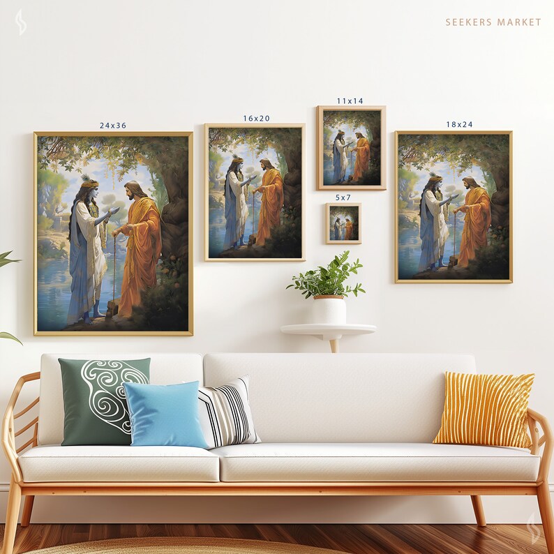 May include: A framed print of a painting depicting two figures standing by a river. The figures are wearing blue and orange robes. The painting is set against a backdrop of lush greenery and a blue sky. The print is available in various sizes, including 24x36 inches, 18x24 inches, 16x20 inches, 11x14 inches, and 5x7 inches.