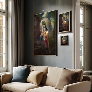 a living room with a couch and paintings on the wall