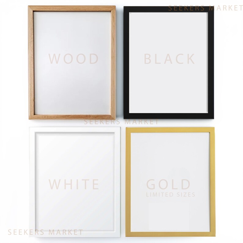 four different frames with white and gold text