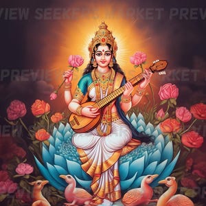 Printable art Hindu home decor Indian art Goddess Saraswati devotional art Veena Lotus flower Hindu art Sarasvati Tridevi Digital download