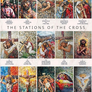 May include: A mosaic artwork depicting the Stations of the Cross. Each panel shows a different scene from the story of Jesus's journey to the crucifixion. The artwork is made up of small, colorful tiles.