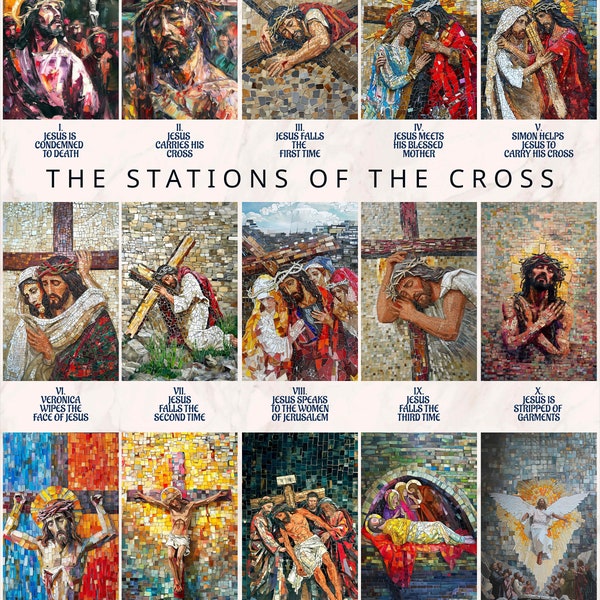 Stations of the Cross Art Series Pack lent confirmation Religious decor Spiritual decor Catholic art Christian Mosaic Art Digital Download