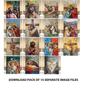 Puede incluir: Una colecci&oacute;n de 15 im&aacute;genes de mosaico que representan escenas de la vida de Jesucristo. Las im&aacute;genes son coloridas y detalladas, con una variedad de colores y texturas diferentes. Las im&aacute;genes est&aacute;n dispuestas en una cuadr&iacute;cula, con cada imagen siendo una baldosa separada.