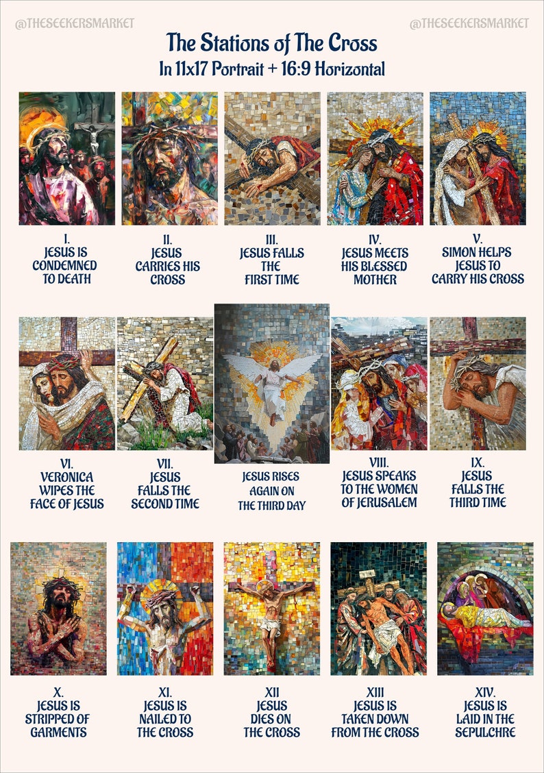 Puede incluir: Una obra de arte en mosaico que representa las Estaciones del V&iacute;a Crucis, una serie de 14 eventos en la Pasi&oacute;n de Jesucristo. Cada escena est&aacute; enmarcada en un cuadrado y presenta un estilo de mosaico colorido.