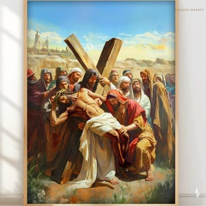May include: A painting depicting a group of people carrying a man on a wooden cross. The man is wearing a white cloth and has a crown of thorns on his head. The people are dressed in various shades of brown and blue. The background is a landscape with a blue sky and white clouds.