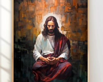 Jesus Mosaic Portrait - Brown Tiled Art Download, Boho Christian Wall Decor