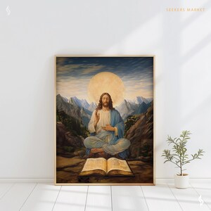 a painting of jesus sitting on a book with mountains in the background
