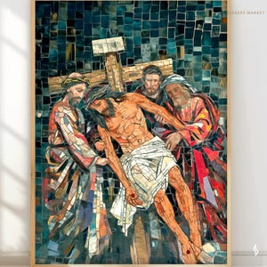 May include: A mosaic artwork depicting a religious scene. Jesus Christ is being carried by two men, one on each side, as he carries a wooden cross. The mosaic is made of small, colorful tiles and is set against a dark blue background.