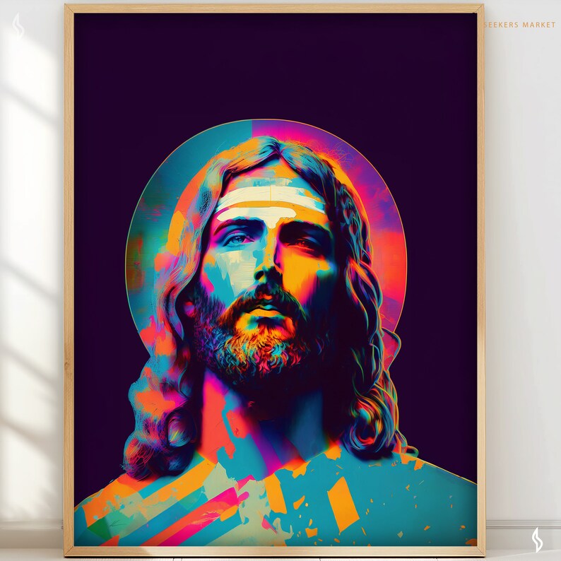 K&ouml;nnte beinhalten: Ein farbenfrohes, abstraktes Portr&auml;t von Jesus Christus mit einem Heiligenschein. Das Bild ist in einer lebendigen Palette von Blau-, Gr&uuml;n-, Orange- und Rosat&ouml;nen gehalten.
